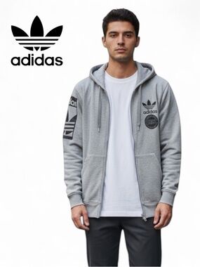 adidas Grey Hooded Trefoil Zip Sweatshirt Hoodie